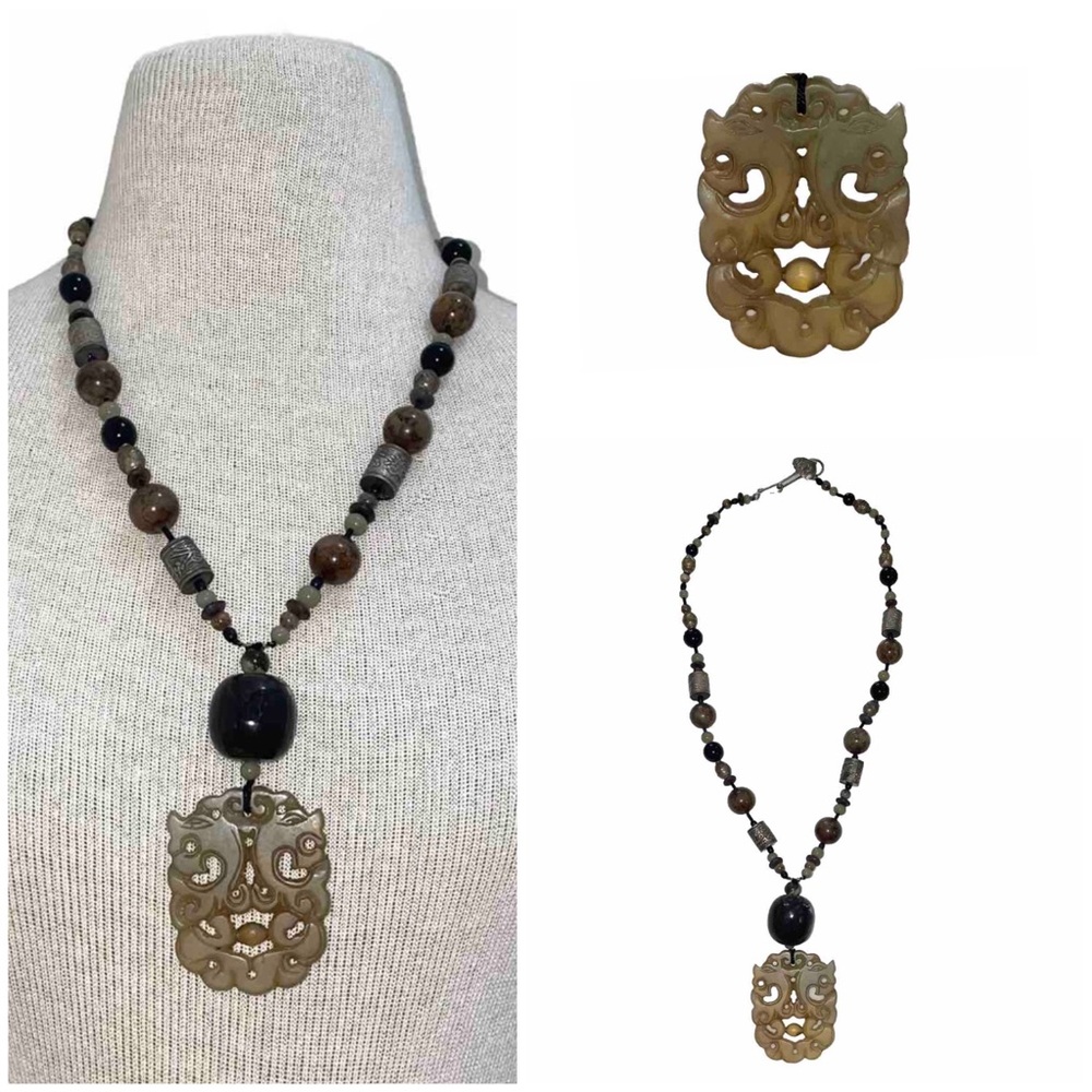 Vintage Chinese Carved Jade Chunky Taotie Mask Statement Necklace Boho Estate